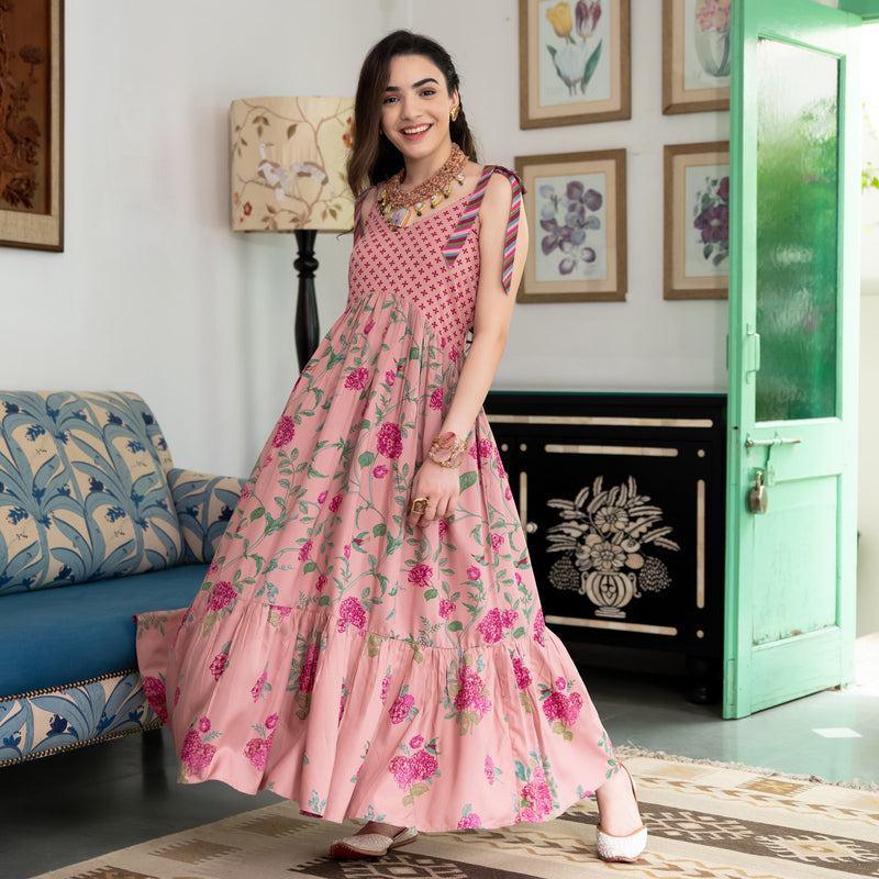 Baby Pink Floral Frill Dress with Shoulder Strap & Knot Details ...