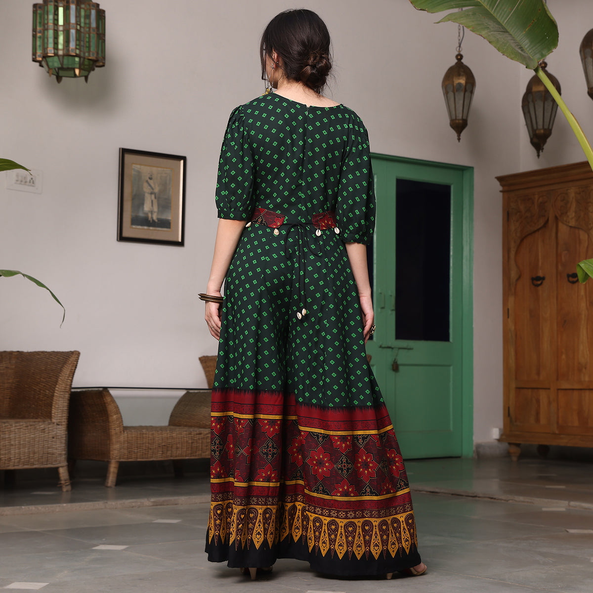 Green & Maroon Fit and Flare Jumpsuit