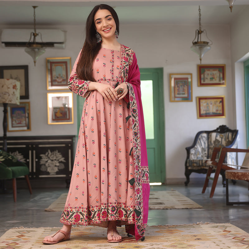 Baby Pink Floral Long Kurta Dress with Dupatta