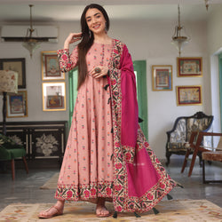 Baby Pink Floral Long Kurta Dress with Dupatta