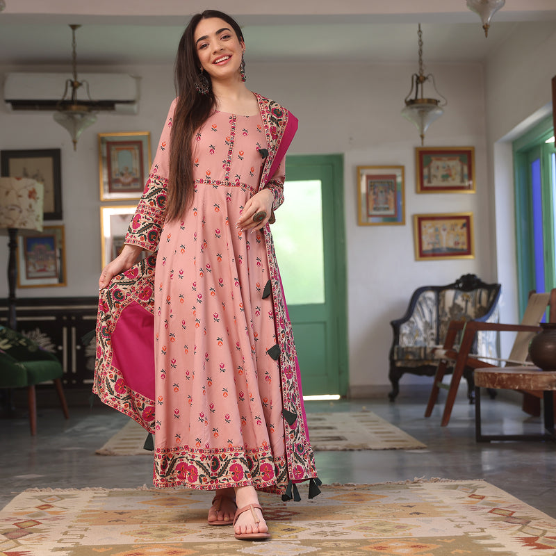 Baby Pink Floral Long Kurta Dress with Dupatta