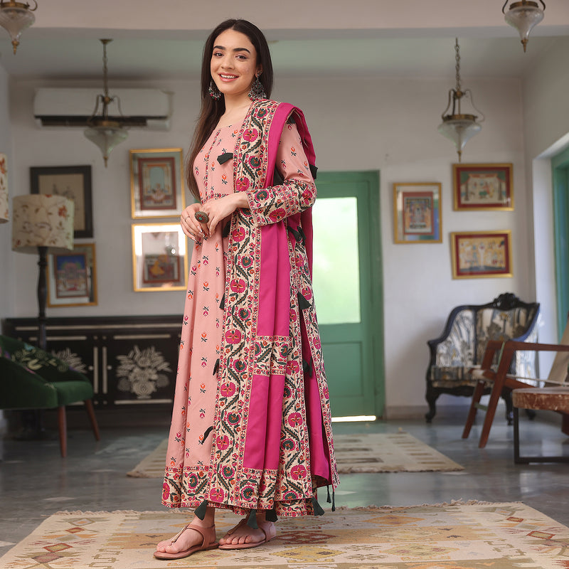 Baby Pink Floral Long Kurta Dress with Dupatta