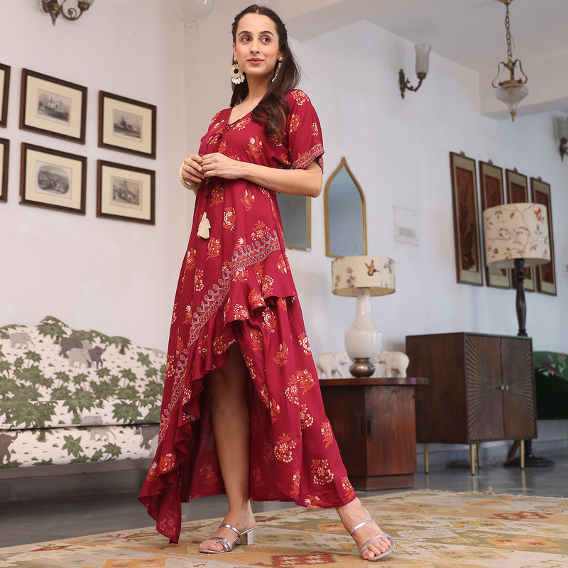 Maroon Printed Flared Dress with Asymmetrical Hem