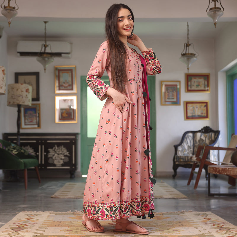 Baby Pink Floral Long Kurta Dress with Dupatta