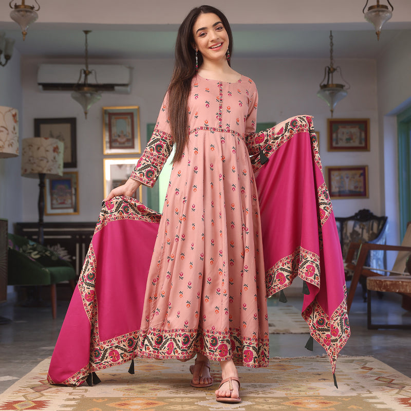 Baby Pink Floral Long Kurta Dress with Dupatta