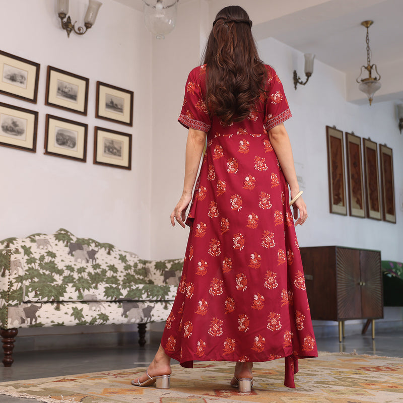 Maroon Printed Flared Dress with Asymmetrical Hem