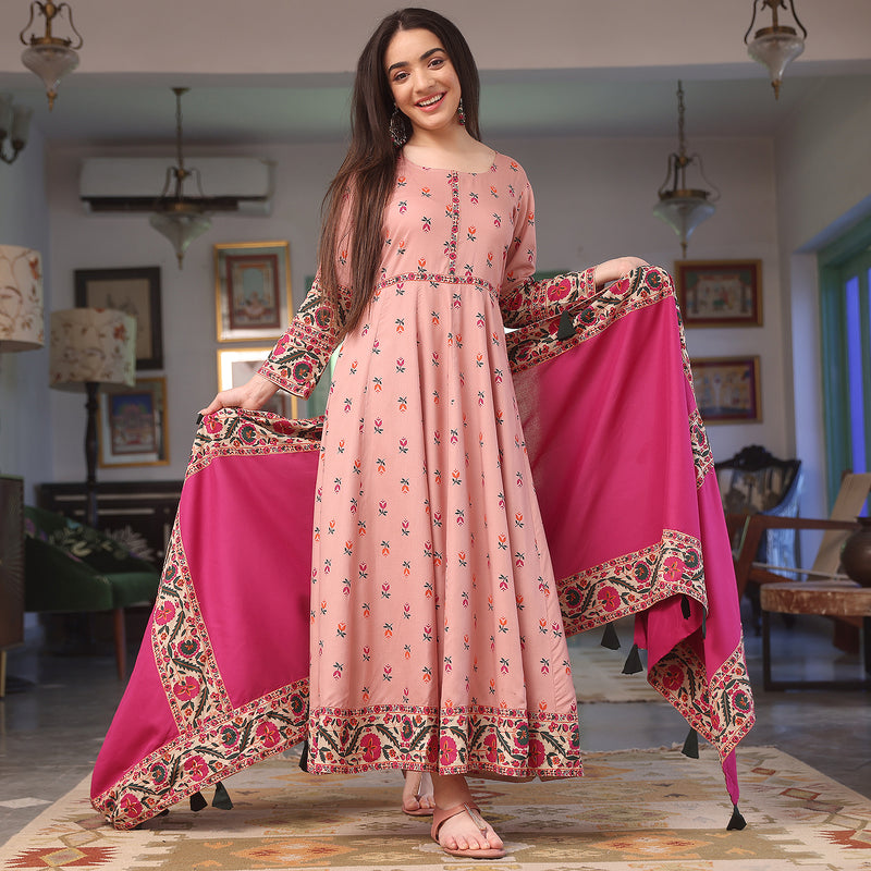 Baby Pink Floral Long Kurta Dress with Dupatta