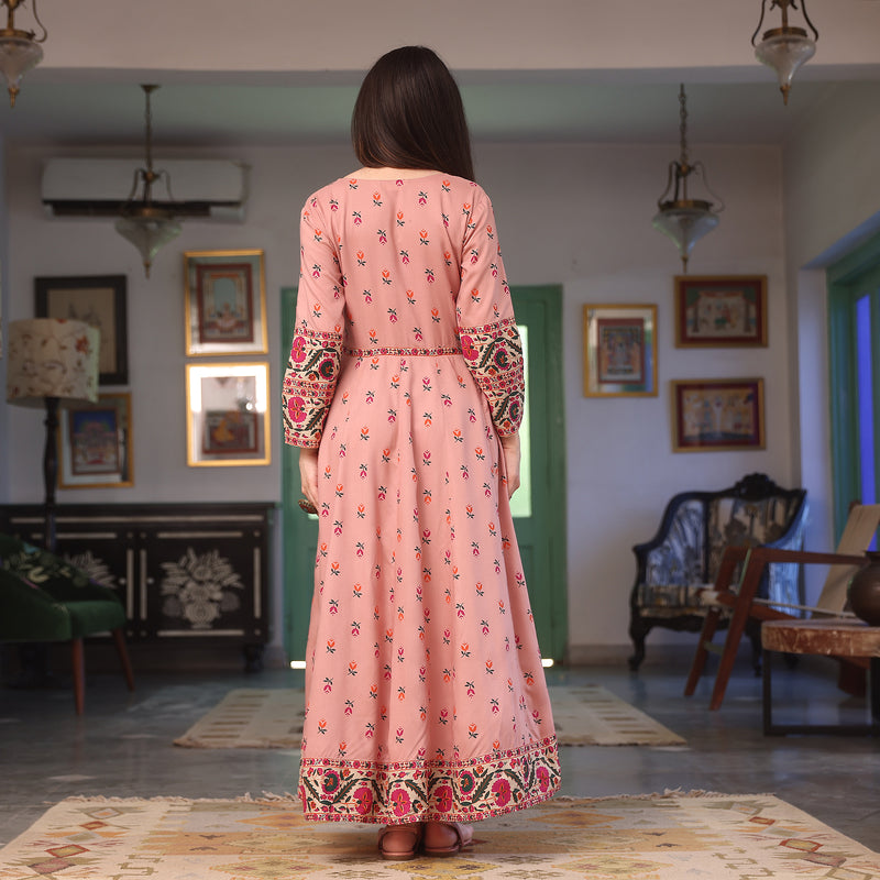 Baby Pink Floral Long Kurta Dress with Dupatta