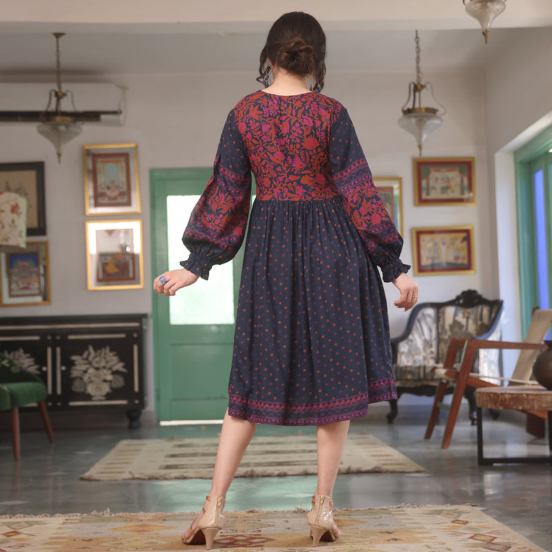 Buy Indigo Printed V Neck Dress
