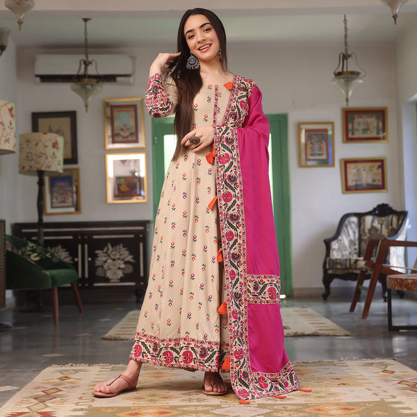 Beige Floral Long Kurta Dress with Dupatta