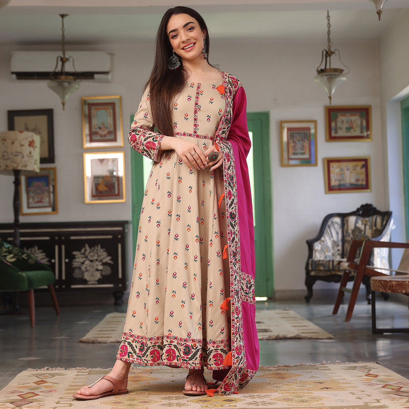 Beige Floral Long Kurta Dress with Dupatta