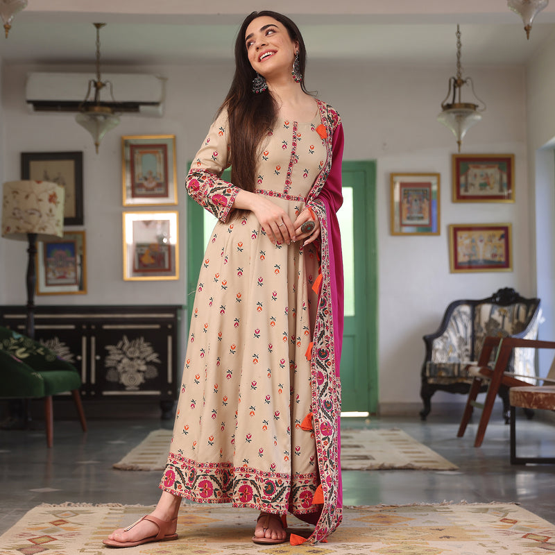 Beige Floral Long Kurta Dress with Dupatta