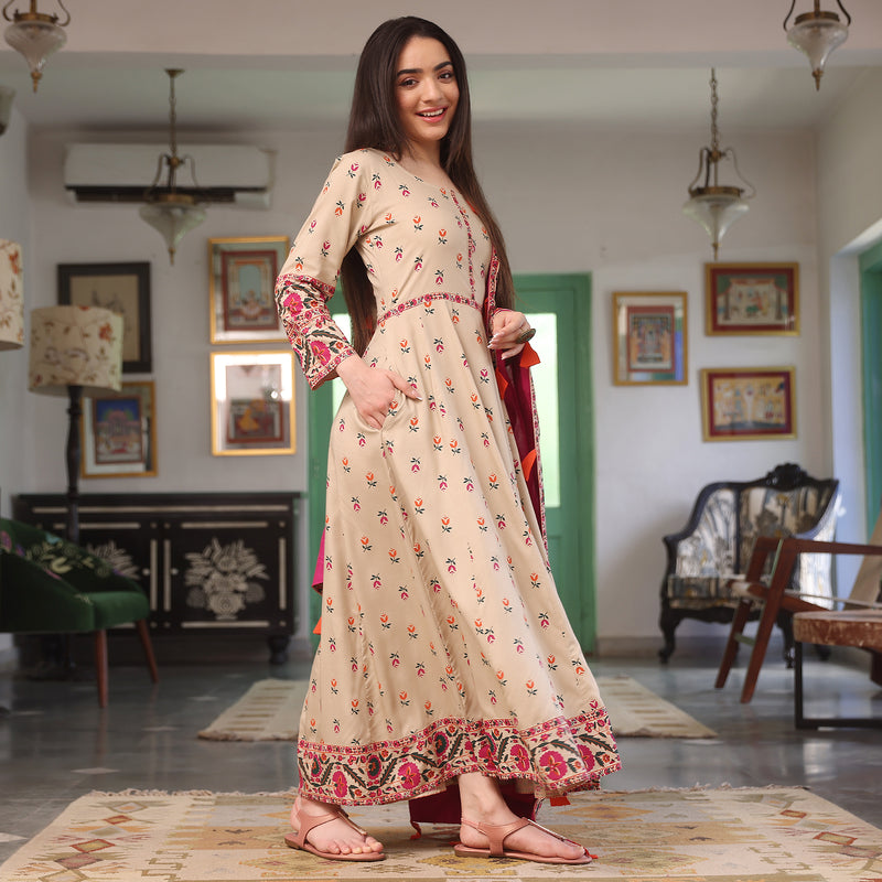 Beige Floral Long Kurta Dress with Dupatta