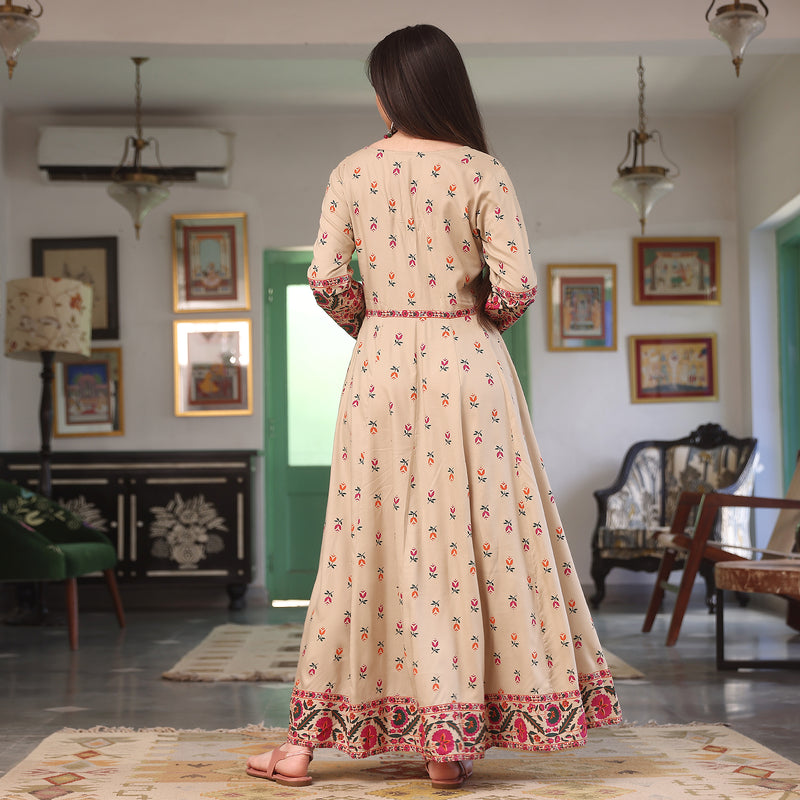 Beige Floral Long Kurta Dress with Dupatta