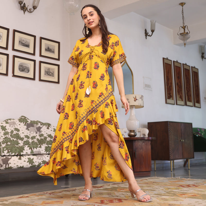 Yellow Printed Flared Dress with Asymmetrical Hem