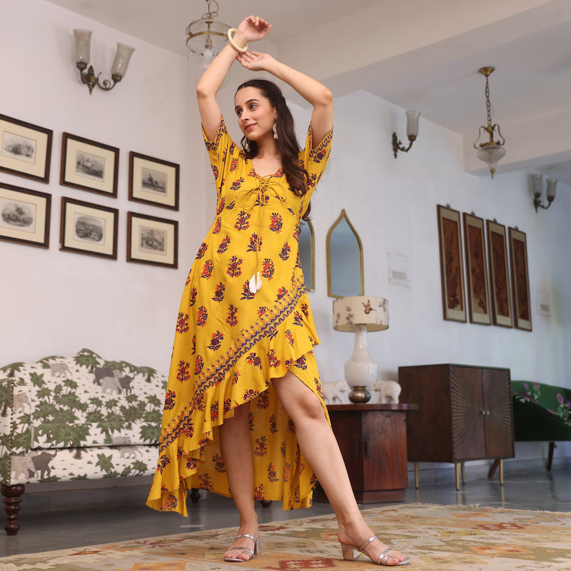 Yellow Printed Flared Dress with Asymmetrical Hem