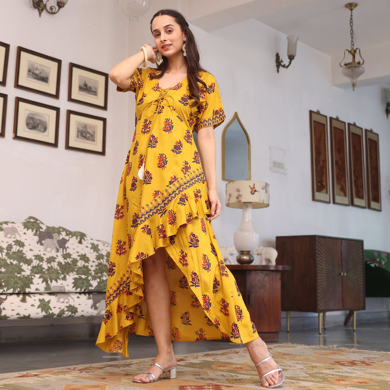 Yellow Printed Flared Dress with Asymmetrical Hem