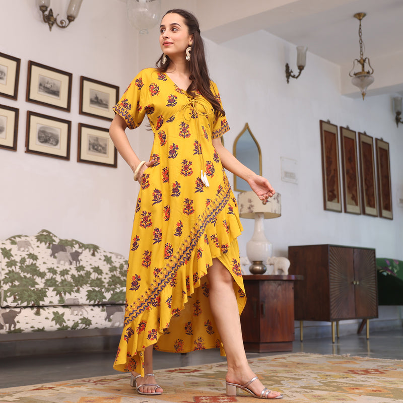 Yellow Printed Flared Dress with Asymmetrical Hem