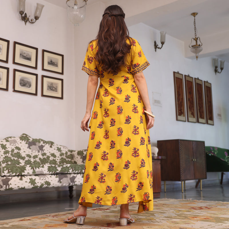 Yellow Printed Flared Dress with Asymmetrical Hem