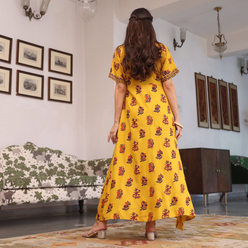 Yellow Printed Flared Dress with Asymmetrical Hem