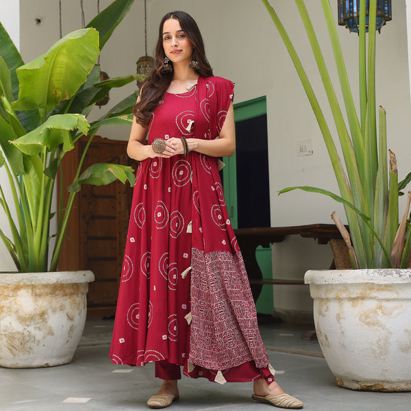 Maroon Bandhani Flared Kurta Pant Dupatta Set With Tassels Detailing
