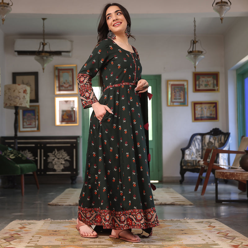 Emerald Green Floral Long Kurta Dress with Dupatta