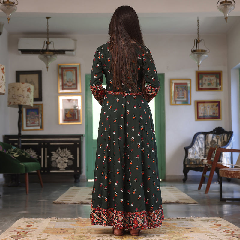 Emerald Green Floral Long Kurta Dress with Dupatta