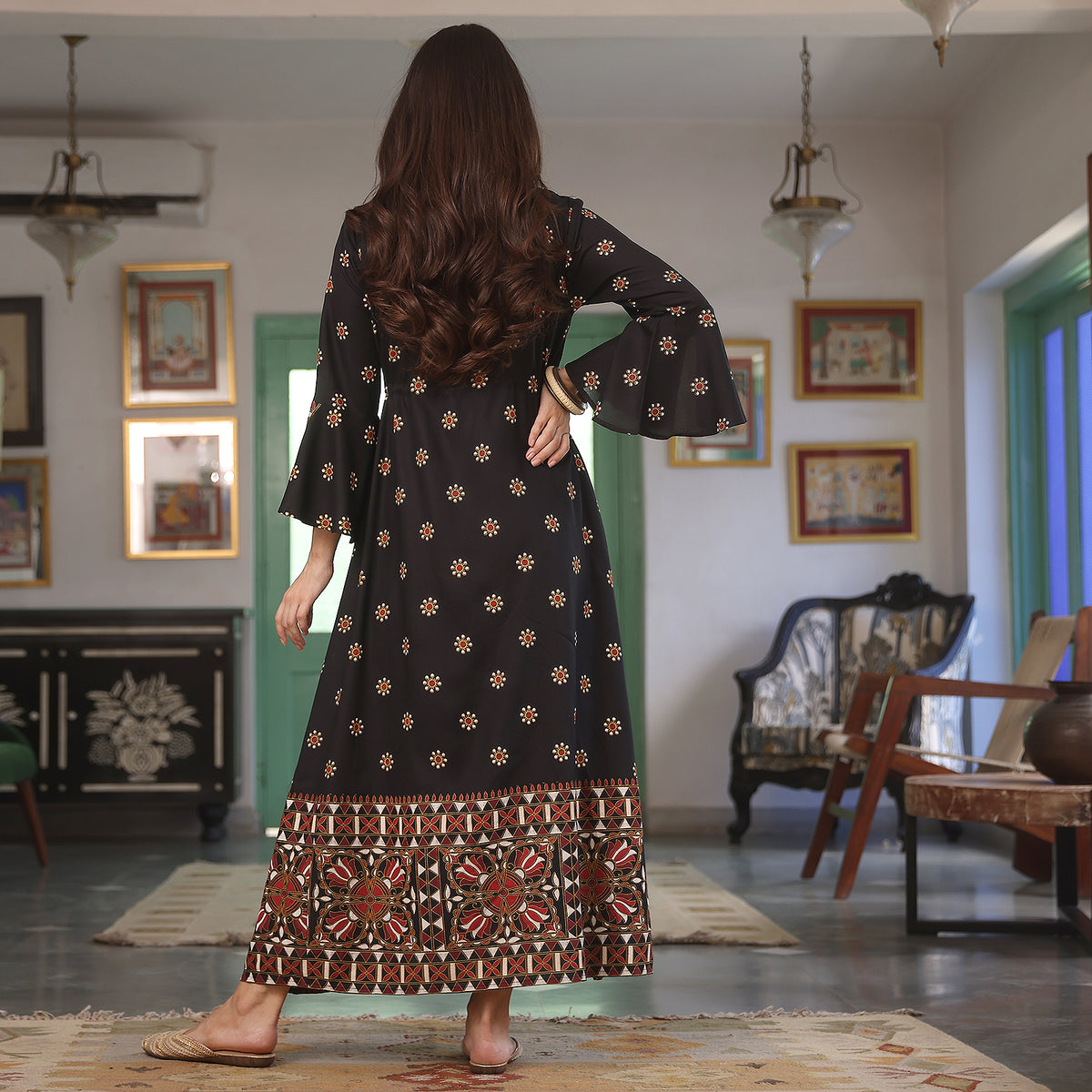 Black Flower Dress with Flared Sleeves and Slit Detail