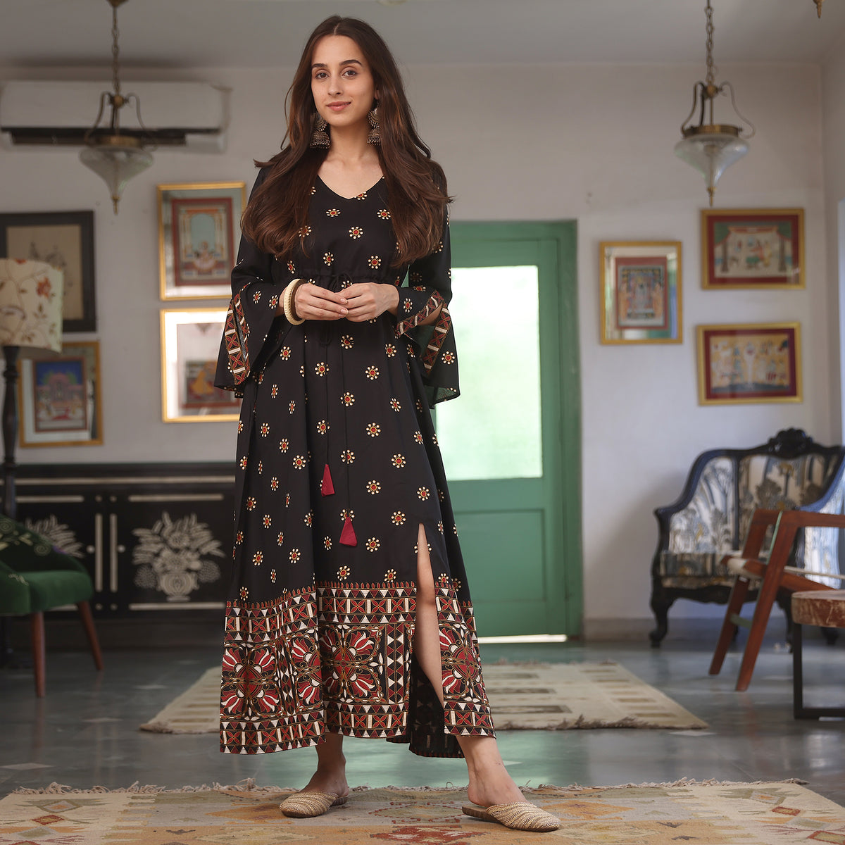 Black Flower Dress with Flared Sleeves and Slit Detail