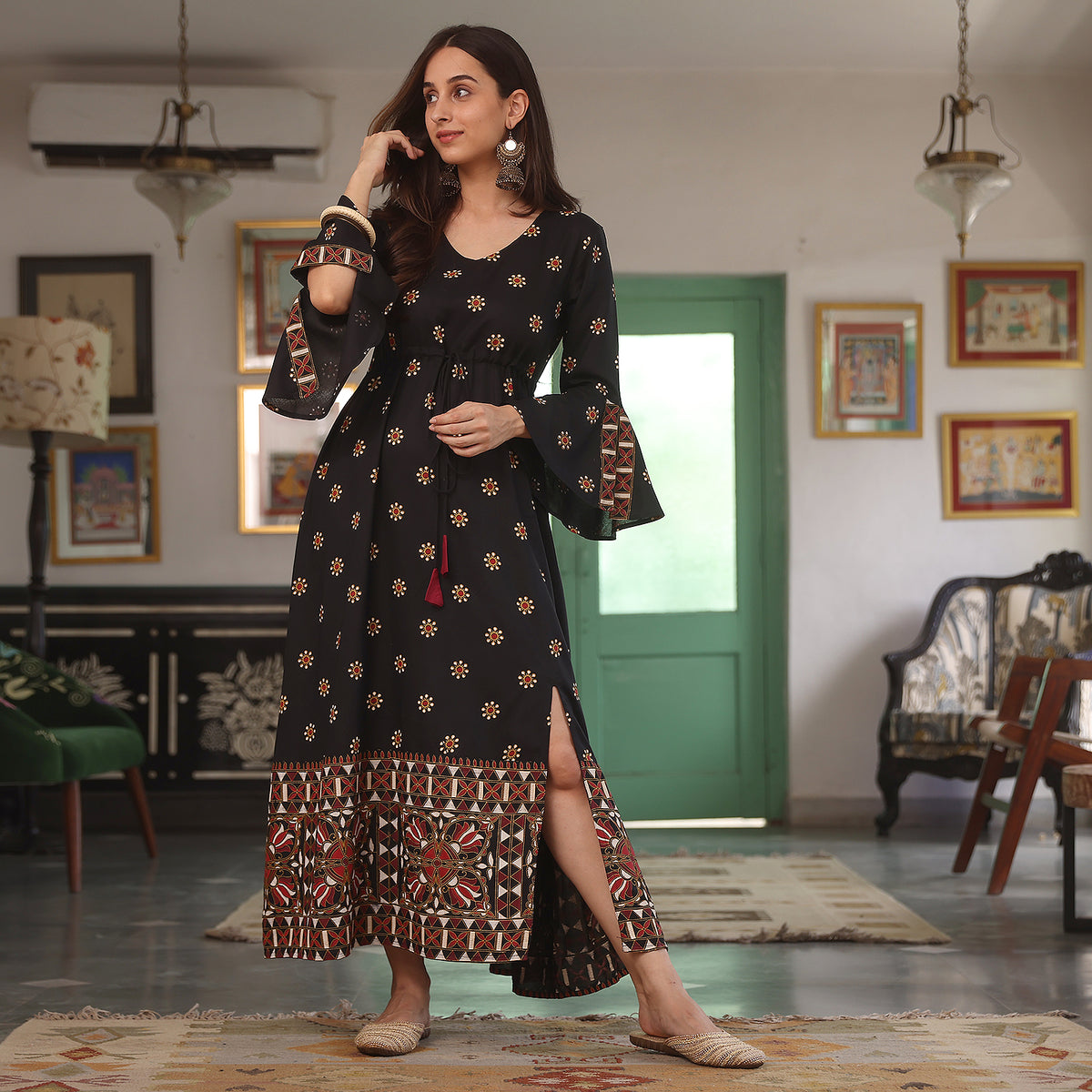 Black Flower Dress with Flared Sleeves and Slit Detail