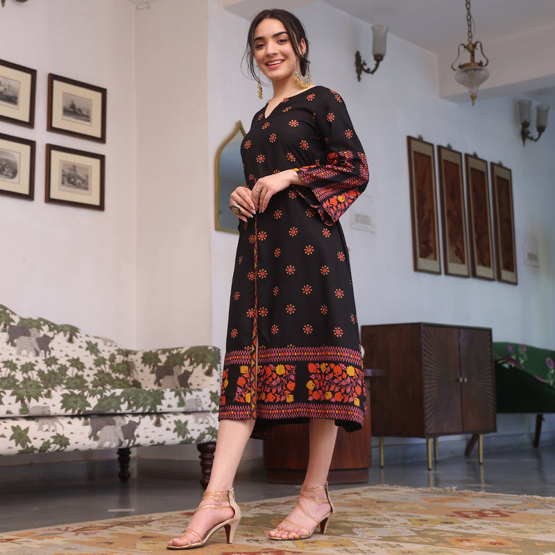 Black Floral Front Slit Midi Dress