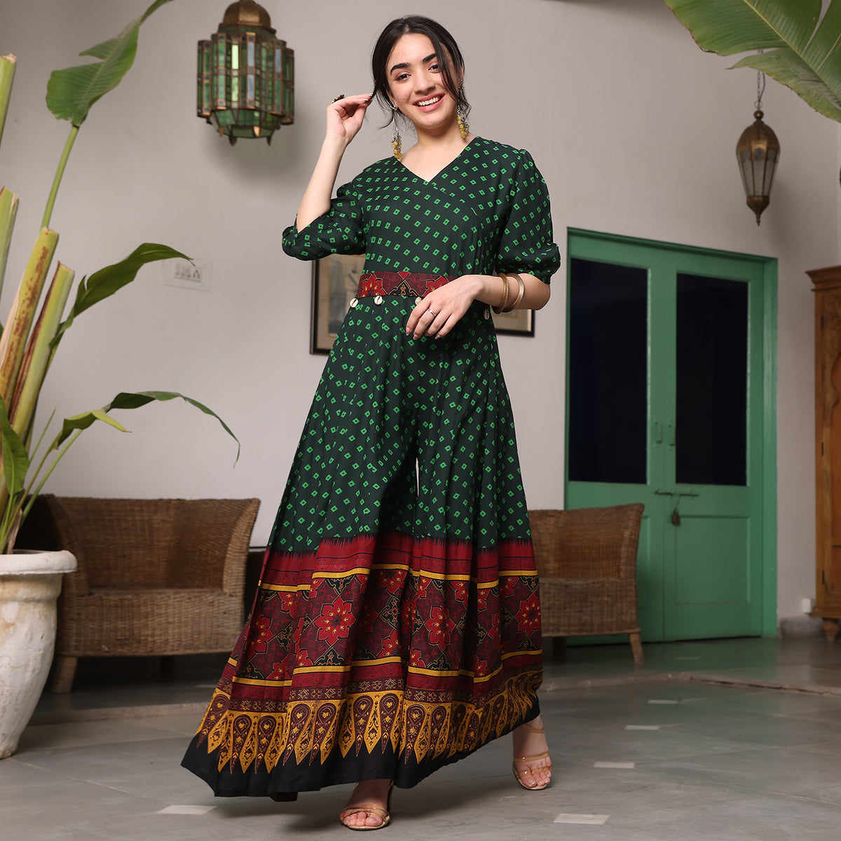 Green & Maroon Fit and Flare Jumpsuit