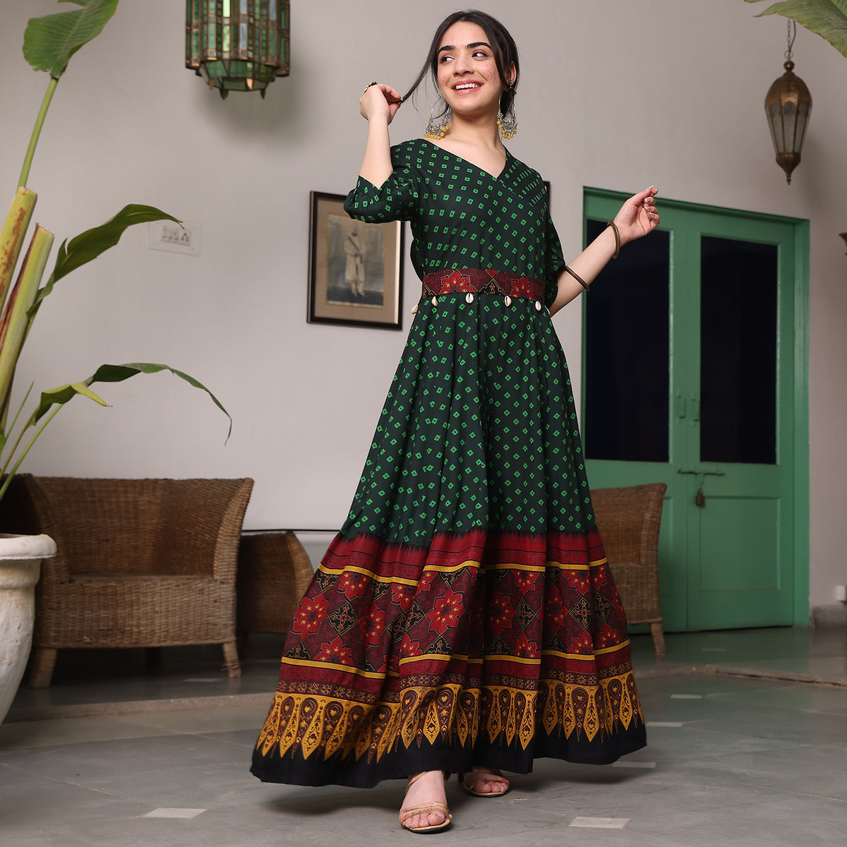 Green & Maroon Fit and Flare Jumpsuit