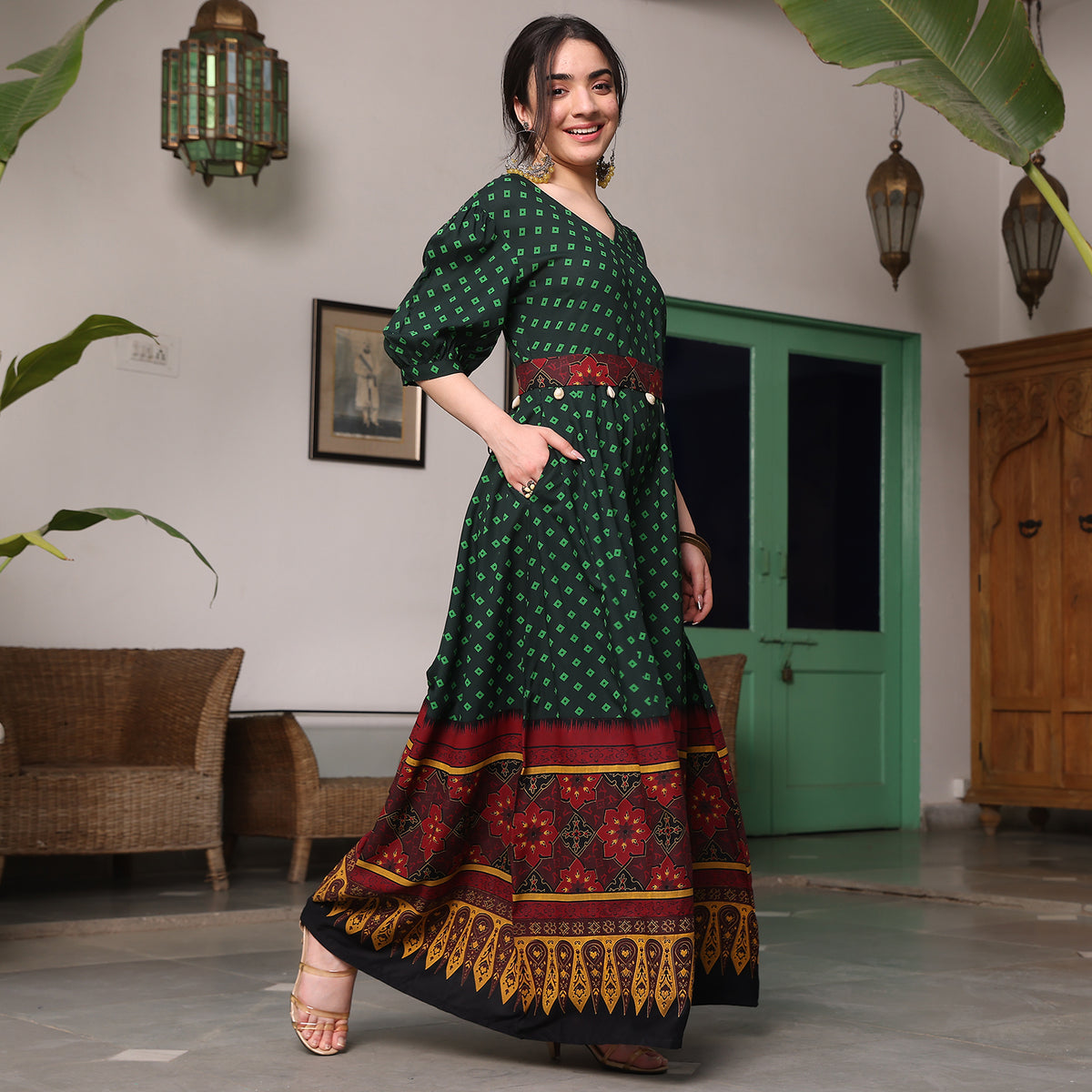 Green & Maroon Fit and Flare Jumpsuit