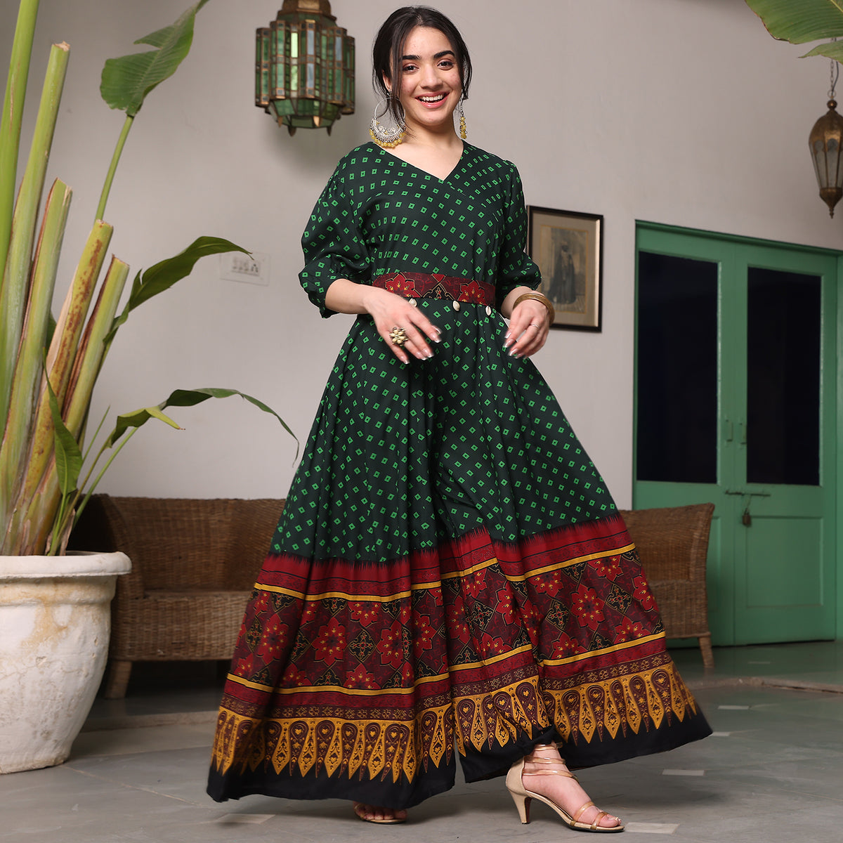 Green & Maroon Fit and Flare Jumpsuit