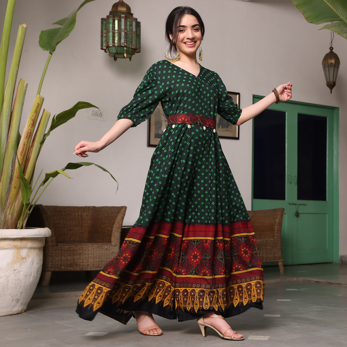 Green & Maroon Fit and Flare Jumpsuit