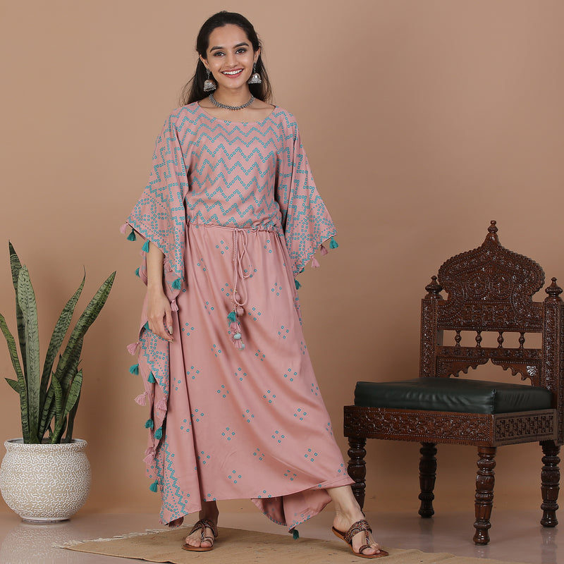 Baby Pink Bandhani Printed Kaftan Dress