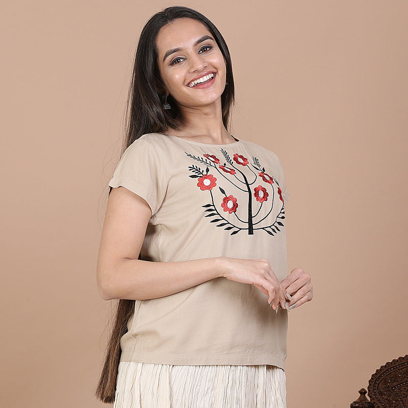Beige Top with Multicolour Floral Embroidery