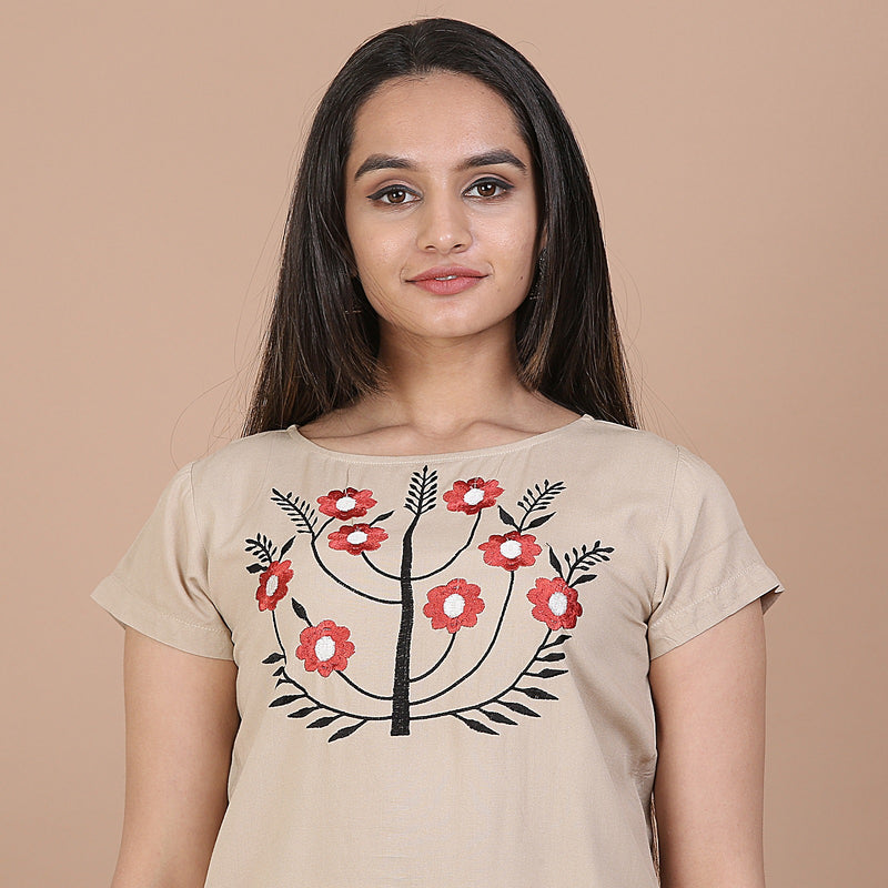 Beige Top with Multicolour Floral Embroidery