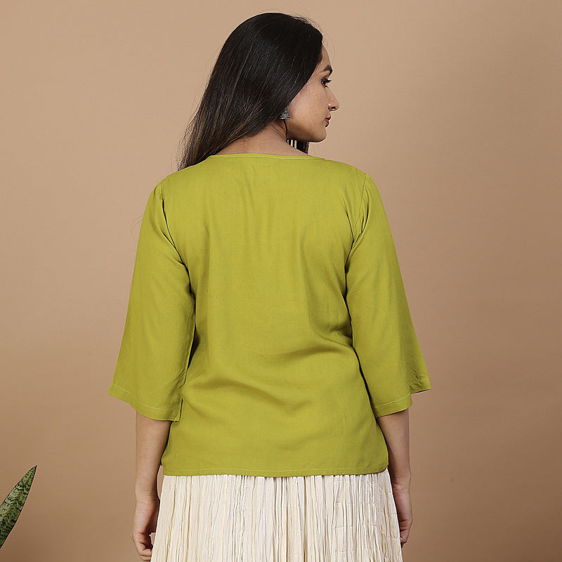 Olive Floral Embroidery Panelled Top with 3/4th Sleeves