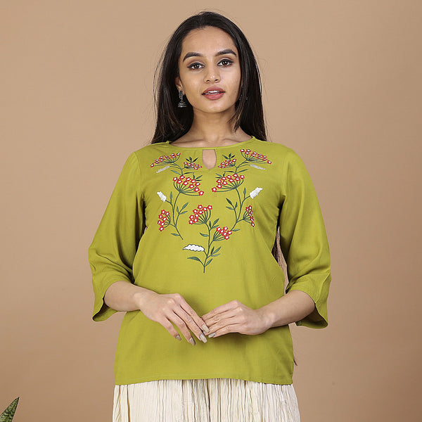 Olive Floral Embroidery Panelled Top with 3/4th Sleeves