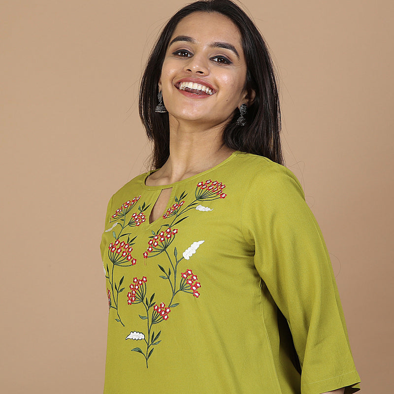 Olive Floral Embroidery Panelled Top with 3/4th Sleeves