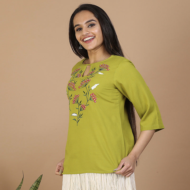 Olive Floral Embroidery Panelled Top with 3/4th Sleeves