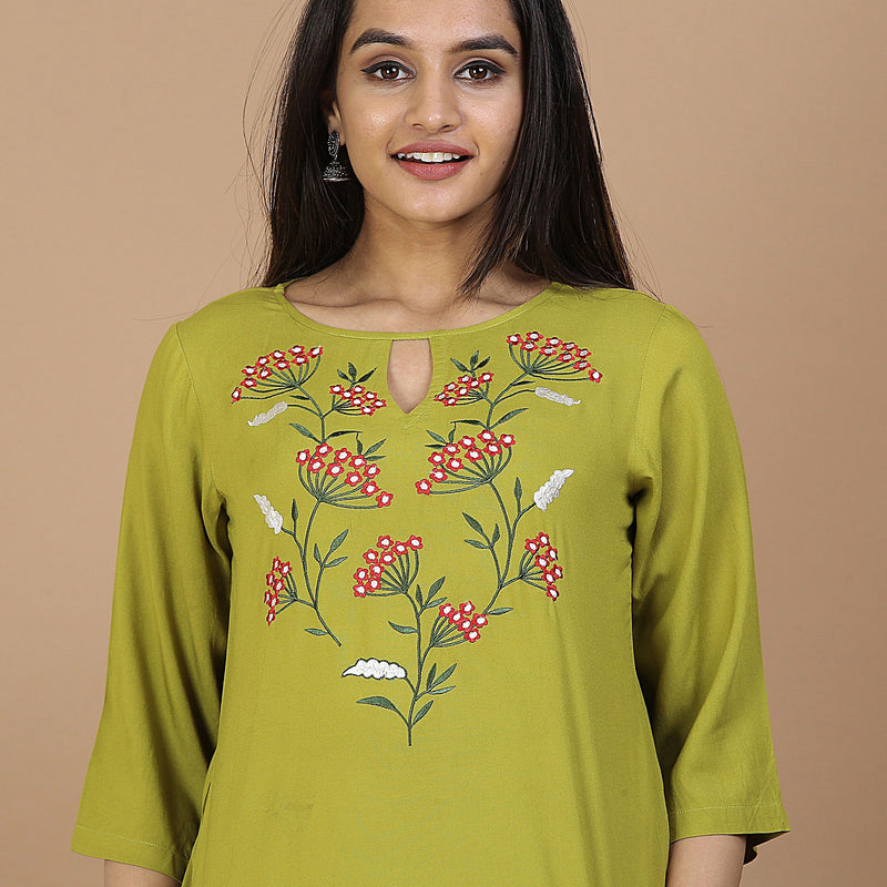 Olive Floral Embroidery Panelled Top with 3/4th Sleeves