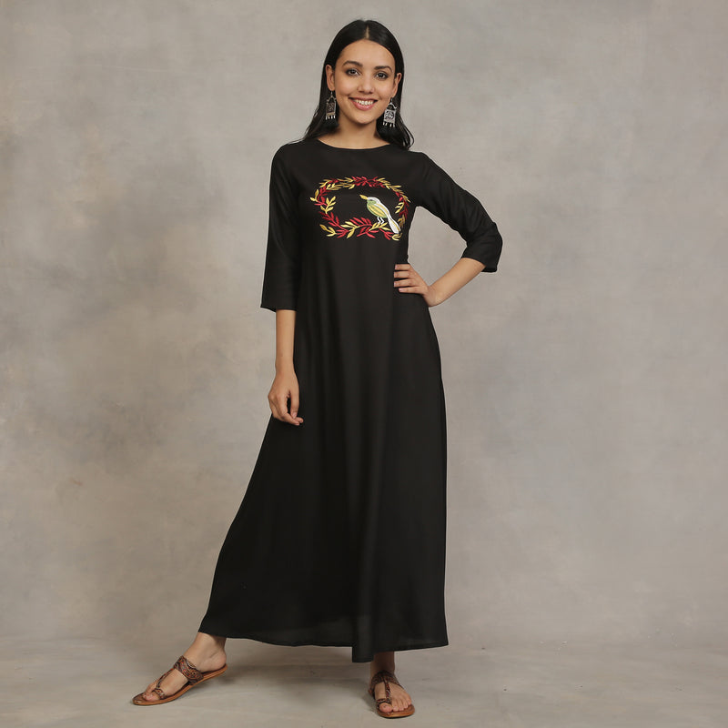 Black Flared Dress with Gold Leaf Embroidery