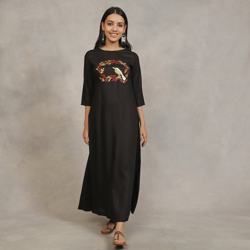 Black Flared Dress with Gold Leaf Embroidery