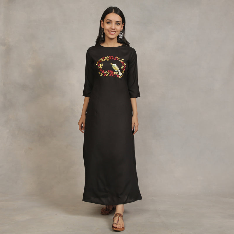 Black Flared Dress with Gold Leaf Embroidery