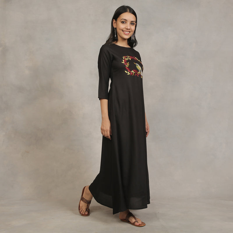 Black Flared Dress with Gold Leaf Embroidery