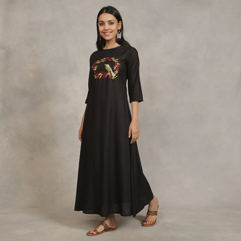 Black Flared Dress with Gold Leaf Embroidery