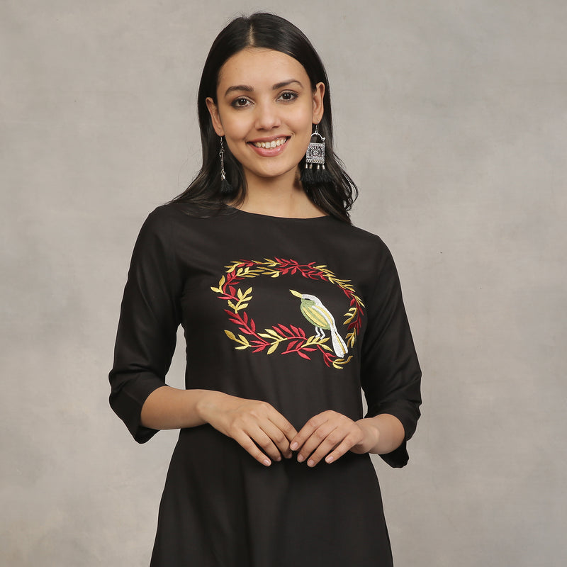 Black Flared Dress with Gold Leaf Embroidery
